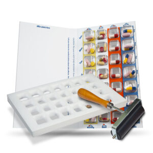 Qube 7-Day, 4-Pass (4-doses per Day) Multi-Med Disposable Large Blister Card Starter Kit with 26 Cards & Blisters, Sealing Template & Roller
